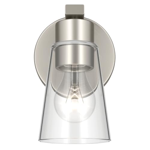 Image of Kichler Stamos 8 inch 1-Light Soft Modern Wall Sconce with Clear Glass in Brushed Nickel, (8 inch H x 5 inch W), 52437NICLR
