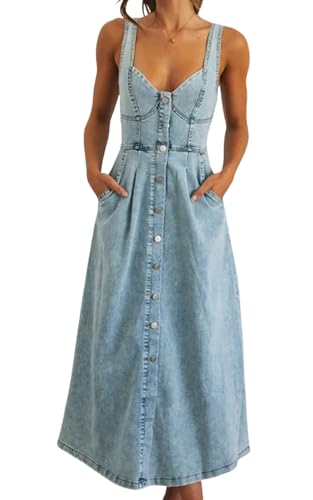 Women's Summer Casual Button Down Denim Dress Sleeveless Slim Fit Midi A-Line Jean Dress