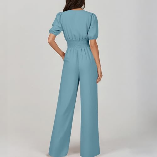 Image of HGps8w Jumpsuits for Women Dressy 2026 Summer Button Front V Neck Puff Sleeve Elegant Wide Leg Pants One Piece Romper