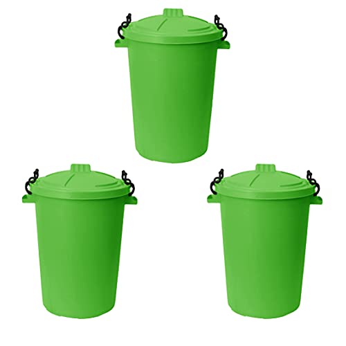 Set of 3 - Lime Green 50L Litre Bin with Lid Clip Locking Lid Heavy Duty Food Grade Durable Plastic Weather Resistant Outdoor Indoor Garbage Bins Trash Can Waste Dustbin Animal Feed Storage Container