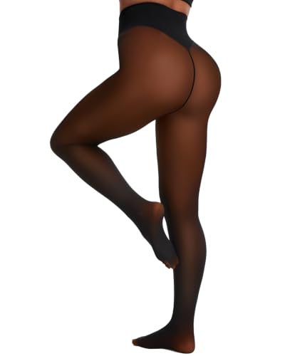 Image of Fleece Lined Tights Women One Line High Waist Warm Sheer Fleece Tights Thick Thermal Pantyhose Winter Black