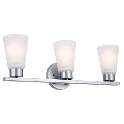 Image of Kichler Stamos 3-Light Bathroom Vanity Light Fixture with Satin Etched Glass Shades, 22 in Modern Wall Mount Light in Brushed Nickel for over Mirror (22 in x 5 in x 8 in), 55121NI
