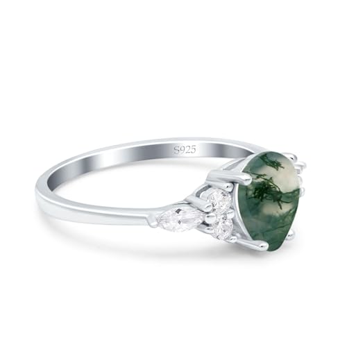 OMRANII Art Deco Ring Natural Green Moss Agate Pear Teardrop Vintage Style CZ Statement Wedding Engagement Rings For Women 925 Sterling Silver Gift For Her2