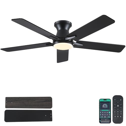 Image of 52 inchModern Black Low Profile Flush Mount Ceiling Fans with Light and Remote | Supports Remote and APP, 6 Wind Speeds, Reversible, Dimmable 3 Light Colors LED Light, Noiseless 30W DC Motor,2H Timer