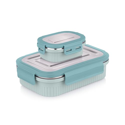 Image of ATTRO Micro Smart Stainless Steel Lunch Box with Inner Steel Body, Microwave Safe Without Lid, Airtight Leakproof with Small Container for Office, School Kids & Outdoor Use - 800ml+180ml-Green