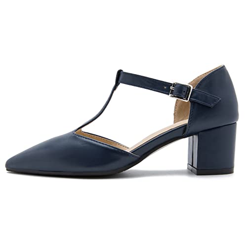 Fereshte Womens T-Strap Pumps Pointed Toe Ankle Strap Buckle Chunky Block Heel Dress D’orsay Sandals Matte Navy Blue 45 - Insole Length: 27.5Cm/10.83 Inch - Us 11.5 #TOP5