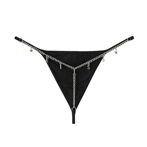 Strings Sexy Pour Femmes - 2 Pièces/Ensemble String En Chaîne Sexy Strass Brillant Lettre T-Back G-String, Sous-Vêtements Confort Féminin Bijoux De Corps Cadeau D'Anniversaire De Mariage,Noir,L