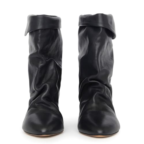 Women Slouchy Western Boots Suede Two-Toned Ankle Booties Almond Toe 2" Chunky Cone Heel Pleated Boots Wide Calf Pull On Covered Boots Office Party Fall Winter Dressy Cute Comfort 4-11 M US4