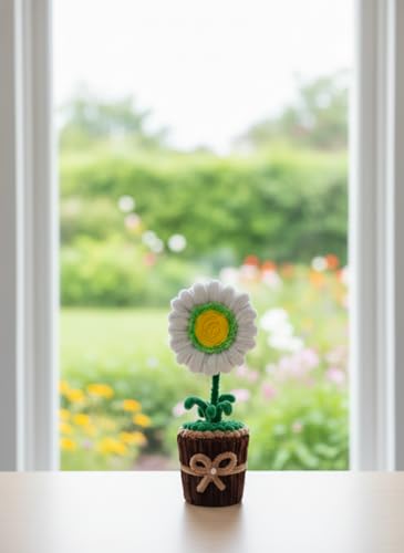 Image of Handmade Artificial Flower Pot for Home Decor | Cute Fuzzy Wire Pipe Cleaner Flower Plant | Aesthetic Tabletop Decorative Pot for Home, Office & Gifting (Soft Bloom :- Neon-White)