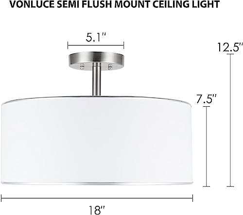 Vonluce Drum Ceiling Light, 18" Brushed Nickel 3 Light Drum Chandelier, Semi Flush Mount Contemporary Ceiling Lighting Fixture With Diffused Shade For Kitchen, Hallway, Dining Room Table, Bedroom #TOP5
