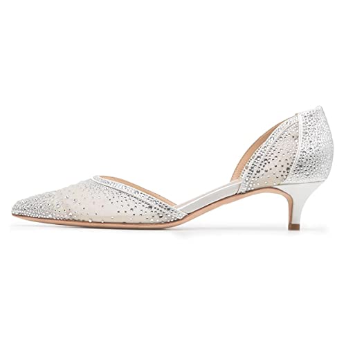 Image of XYD Women's Pumps, Elegant Pointed Toe, D'Orsay Kitten Low Heels, Rhinestone Studs, Slip-On Satin Shoes for Wedding