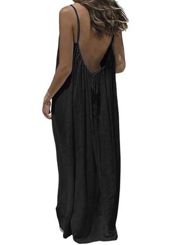 TFNOSIZE Damska letnia sukienka maxi, bez pleców, ramiączka spaghetti, sukienka plażowa, luźny krój, na co dzień, wakacje, Czarny, XL