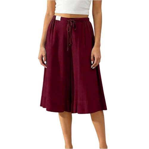 Pantalon en lin femme ample respirant 3/4 taille haute avec cordon