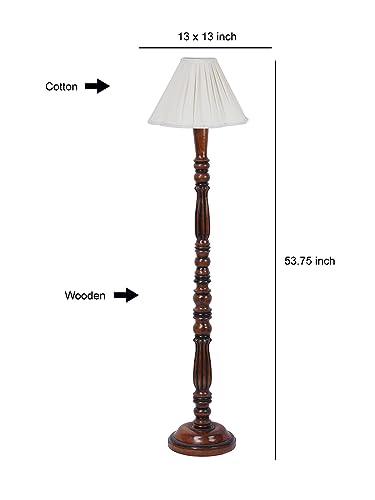 Image of Vintage Cotton Shade Wooden Floor Lamp - Height 53 Inches | Classic Standing Lamp for Living Room, Bedroom & Office | Stylish Home Decor Lighting with Elegant Wooden Base