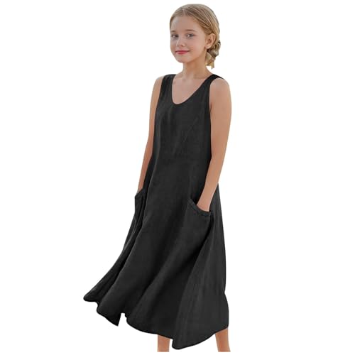 Girls Sleeveless Summer Cotton Linen Tank Dress Casual A-Line Crewneck Princess Pocket Maxi Dresses for Kids 5-16 Years
