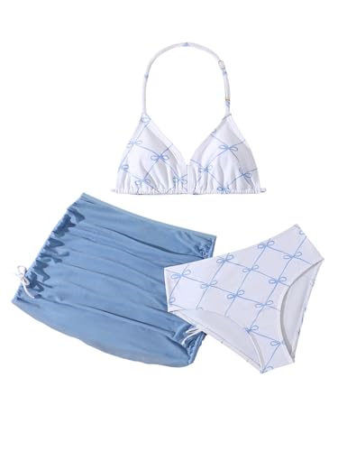 Image of RoseSeek Girl's 3 Piece Cute Bowknot Bathing Suit Halter Triangle High Waisted Swimsuit with Beach Cover Up Skirt