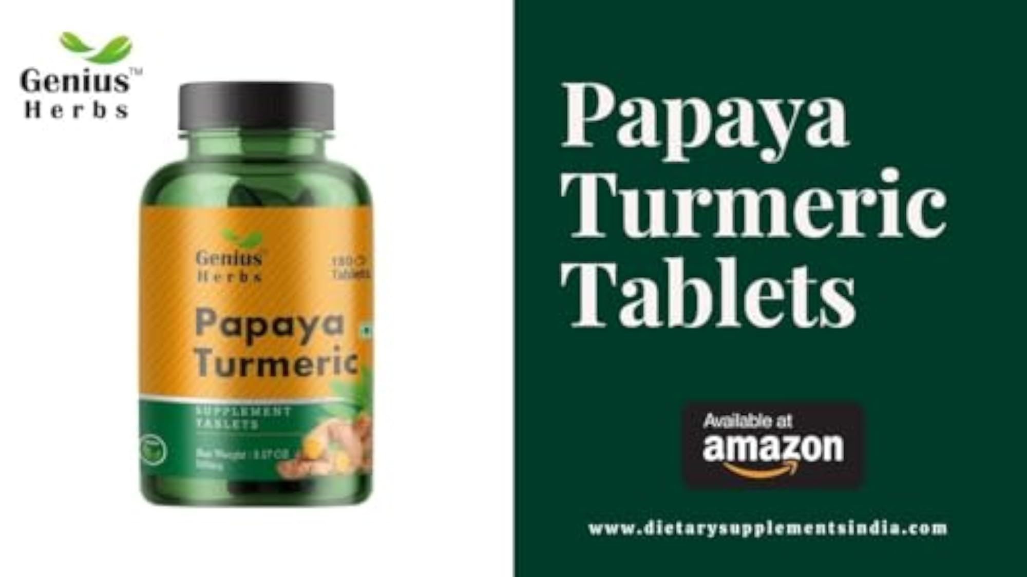 Genius Herbs Papaya Turmeric Tablets 1000 mg, 180 Count