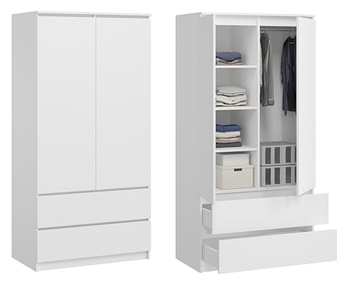 BDW Monia Armario con 2 puertas y 2 cajones, mate, 4 estantes, guías de ruedas de metal, para dormitorio, armario, oficina (blanco, 180 x 90 x 50)