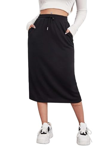 SOFIA'S CHOICE Women's Drawstring Skirt High Waist A Line Midi Skirts with Pockets Black Small