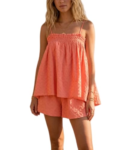 Image of Yuemengxuan Women 2 Piece Casual Lounge Set Sleeveless Strappy Tie Back Cami Top Wide Leg Shorts 2Pcs Summer Pj Set Beachwear