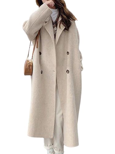 Image of Leyoutx Womens Winter Lapel Double Breasted Trench Coat Business Casual Wool Blend Long Pea Coat(Medium, Apricot)