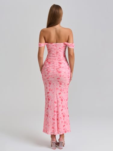 Image of KUTUMAI Off The Shoulder Maxi Long Dress Corset Ruched Bodycon Cocktail Formal Wedding Guest Dresses for Women
