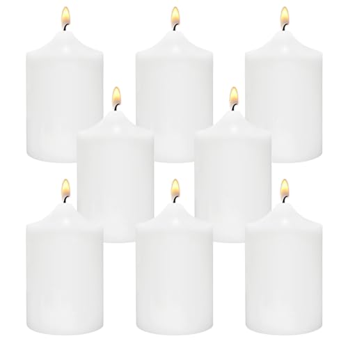 Small Unscented White Pillar Candles, 24 Hour 2x3 Inch Dripless Tapered Column Candles for Home Party Holidays, Set of 8