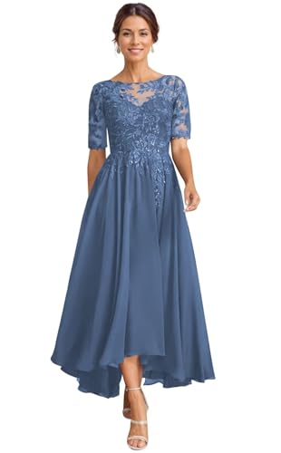 Long Sleeves Mother of The Brides Dress Tea Length Chiffon with Pockets Steel Blue Mother Dress for Wedding 28