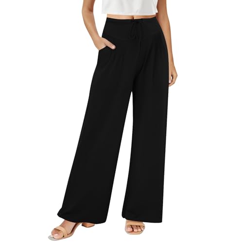 Womens Wide Leg Pants Summer Drawstring High Waisted Lounge Pants Flowy Pleated Palazzo Trousers Pants with Pockets2