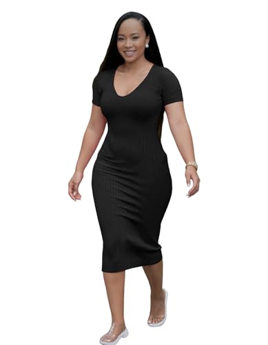 Image of TOPSRANI Women Sexy Midi Dress Bodycon Casual Sleeveless Basic Ruched Tank Summer Club Party Dresses