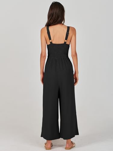 ANRABESS Womens Jumpsuits Summer Linen Wide Leg Sleeveless V Neck Casual Dressy Rompers Pants 2026 Spring Vacation Outfits Black Medium