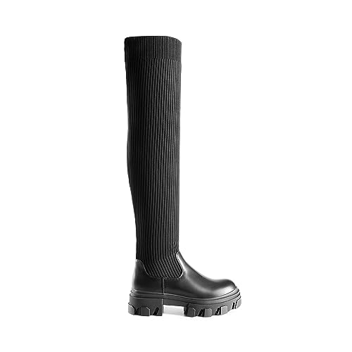 DREAM PAIRS DREAM PAIRS Women's Sdob222w-1 Over The Knee Platform Thigh High Boots Long Stretch Soft Chunky Lug Sole Fall Fashion Boots, Black Knit, Size 8