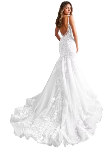IUYRESX Abendkleider,Spaghettiträger Brautkleid Meerjungfrau V-Ausschnitt BohoSpitze Tüll Schleppe Hochzeitskleider Für Damen Weiß 40