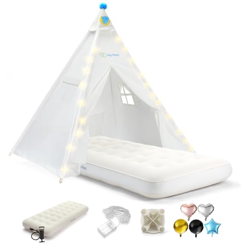 Heypappy Teepee Tent for Kids with Inflatable Airbed, String Lights, Balloons, Pump, Washable Slumber Party Tent with Size 65
