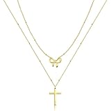Huquary Easter Basket Stuffer Cross Necklace for Women Dainty Layered Choker Cross 14k Gold Plated Girly Pendant Simple Cute Bow Charm Necklaces Religious Faith Christian Jewelry Gifts