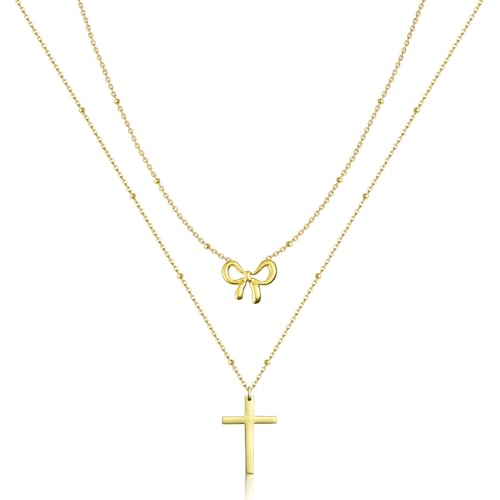 Huquary Easter Basket Stuffer Cross Necklace for Women Dainty Layered Choker Cross 14k Gold Plated Girly Pendant Simple Cute Bow Charm Necklaces Religious Faith Christian Jewelry Gifts
