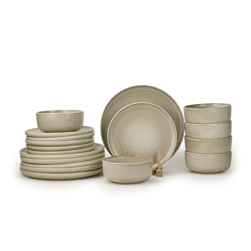 Shallow By Cuisine Art Stoneware REX 18PCS Dinner Set Beige | Dinnerware Set Serves 6 People | 6 Dinner Plates 6 Side Plates 6 Bowls Lightweight Stackable Plate & Bowl Set for Home Family Meals