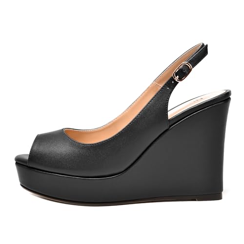 NUMALEO Womens Evening Slingback Buckle Platform Sexy Peep Toe Matte Fashion Wedge High Heel Pumps Shoes 4 Inch2