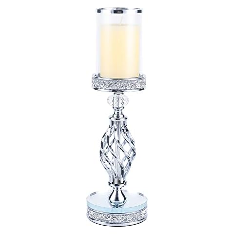 Hanjue Crystal Candle Holders for Pillar Candle, Metal Crystal Candle Holder for Home Decor, Centerpieces, Coffee Dining Table CH0509 (Silver (L)) Cover