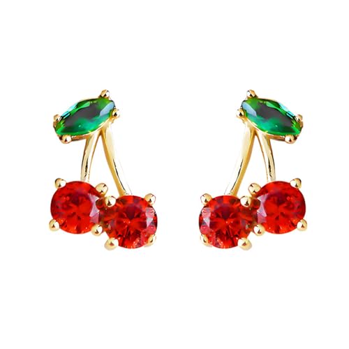 Cherry Stud Earrings for Women Personalized 18K Gold Plated Red Cherry Elegant Shining Green Emerald Leaf CZ Crystal Ruby Cherries Post Earring Jewelry Gift for Lovers - Main Image