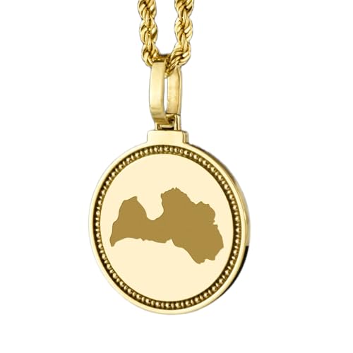 WORLD WIDE GEMS Pendentif rond en argent sterling 925, gravé d'une carte de Lettonie (25 mm), plaqué or, bijou unisexe idéal pour les voyageurs | WW_EGMP_0075