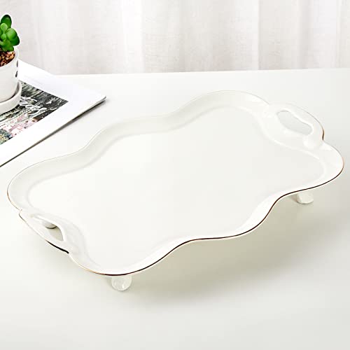 DUJUST Porcelain Serving Tray with Handles, Luxury British Style Coffee Table Tray with Golden Rim, Beautiful Tea Tray Decor for Living Room, Easy to Use & Clean by DUJUST - Used condition - US$23.99