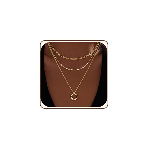 Layered Gold Necklaces for Women,14k Gold Plated Dainty Stackable Choker Necklaces for Women Trendy Layering Geometric Pendant Paperclip Dot Chain Necklace Set Jewelry Set Gifts