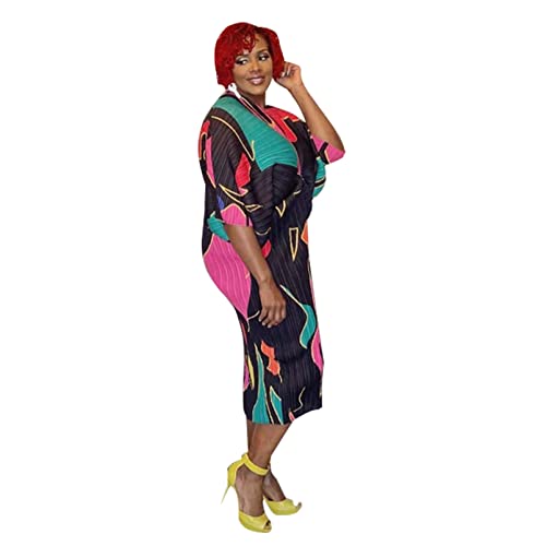 Women's Sexy Batwing Sleeve Deep V Neck Printed Ruffles Bodycon Cocktail Party Dress Black #TOP2