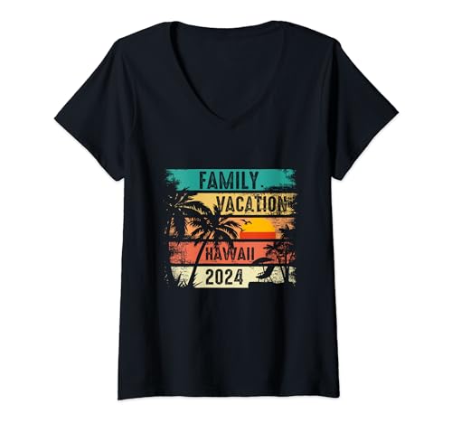 Mujer Vacaciones familiares Hawaii 2024 Vacaciones turísticas de verano en la playa Camiseta Cuello V