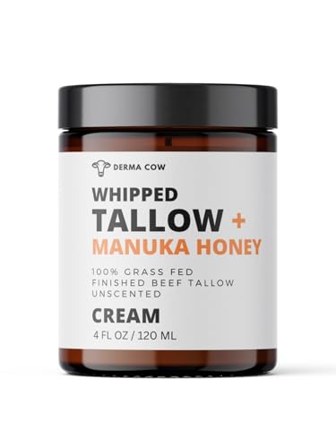 DERMA COW Whipped Tallow Cream + Manuka Honey, 100% Grass Fed Beef Tallow Cream for Face + Body, Moisturizer Skin Care, All Natural Lotion for Sensitive skin, Unscented - 4 oz