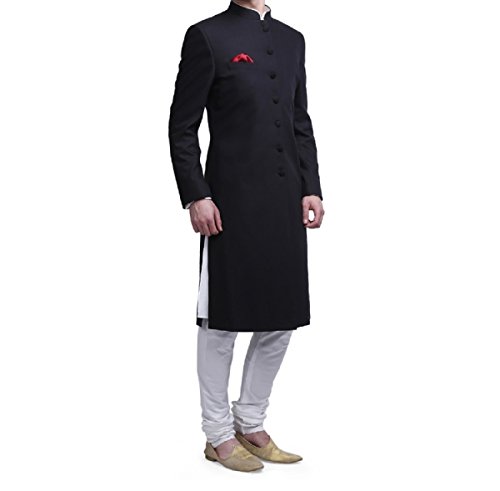 Image of Royal Kurta Men's Suiting Kneelong Black Bandhgala Sherwani for Men