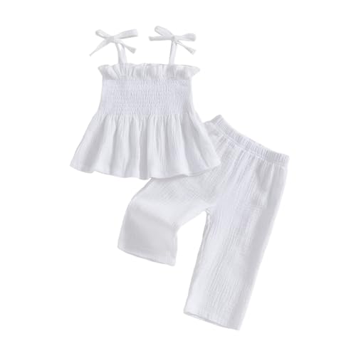 Image of VISGOGO Infant Baby Toddler Girls Clothes Solid Color Sleeveless Camisole Linen Pants Set Baby Summer Outfits