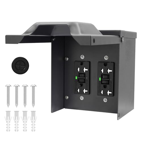 Outdoor Electrical Outlet Box, Weatherproof Dual 20 AMP GFCI Receptacles Metal Outlet with Cover Outdoor Charging Box for Yard, Garage (Black)