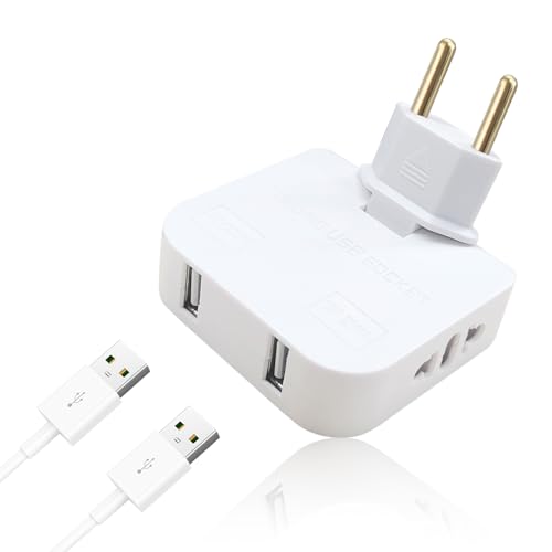 LAIVIYA Ladron Enchufes Plano, Adaptador Enchufe Americano a Europeo, 4 Tomas: 2 Puertos De Carga USB Y 2 Enchufes, 180° Giratorio Enchufe Extensible para Viajar Y Uso Doméstico